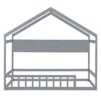 Lit cabane double blanc/gris avec toit, barrière et étagère de rangement – 1 enfant