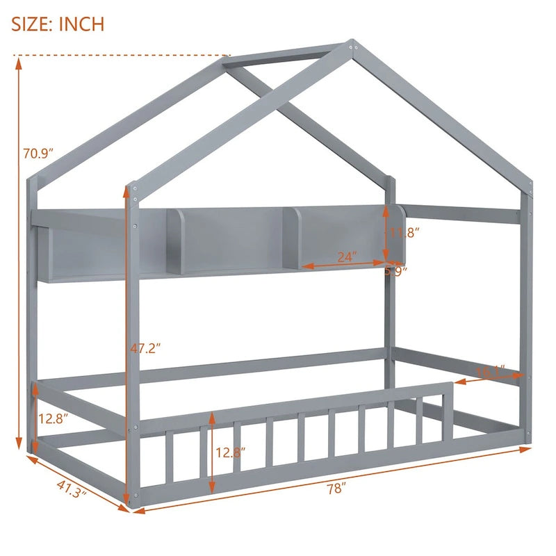 Lit cabane double blanc/gris avec toit, barrière et étagère de rangement – 1 enfant