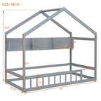 Lit cabane double blanc/gris avec toit, barrière et étagère de rangement – 1 enfant