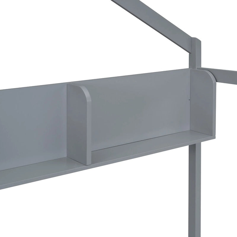 Lit cabane double blanc/gris avec toit, barrière et étagère de rangement – 1 enfant