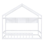 Lit cabane double blanc/gris avec toit, barrière et étagère de rangement – 1 enfant