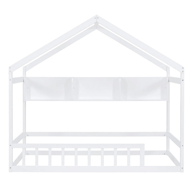 Lit cabane double blanc/gris avec toit, barrière et étagère de rangement – 1 enfant