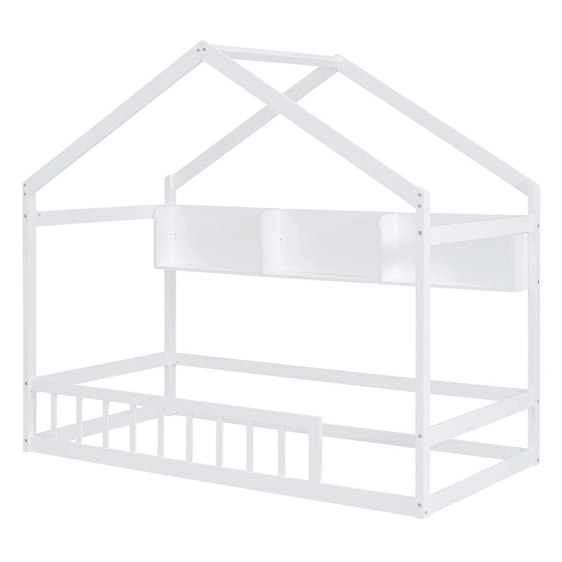 Lit cabane double blanc/gris avec toit, barrière et étagère de rangement – 1 enfant