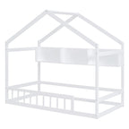 Lit cabane double blanc/gris avec toit, barrière et étagère de rangement – 1 enfant