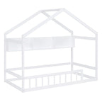 Lit cabane double blanc/gris avec toit, barrière et étagère de rangement – 1 enfant