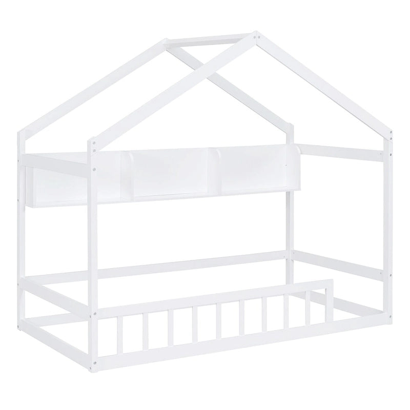 Lit cabane double blanc/gris avec toit, barrière et étagère de rangement – 1 enfant
