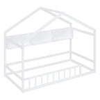 Lit cabane double blanc/gris avec toit, barrière et étagère de rangement – 1 enfant