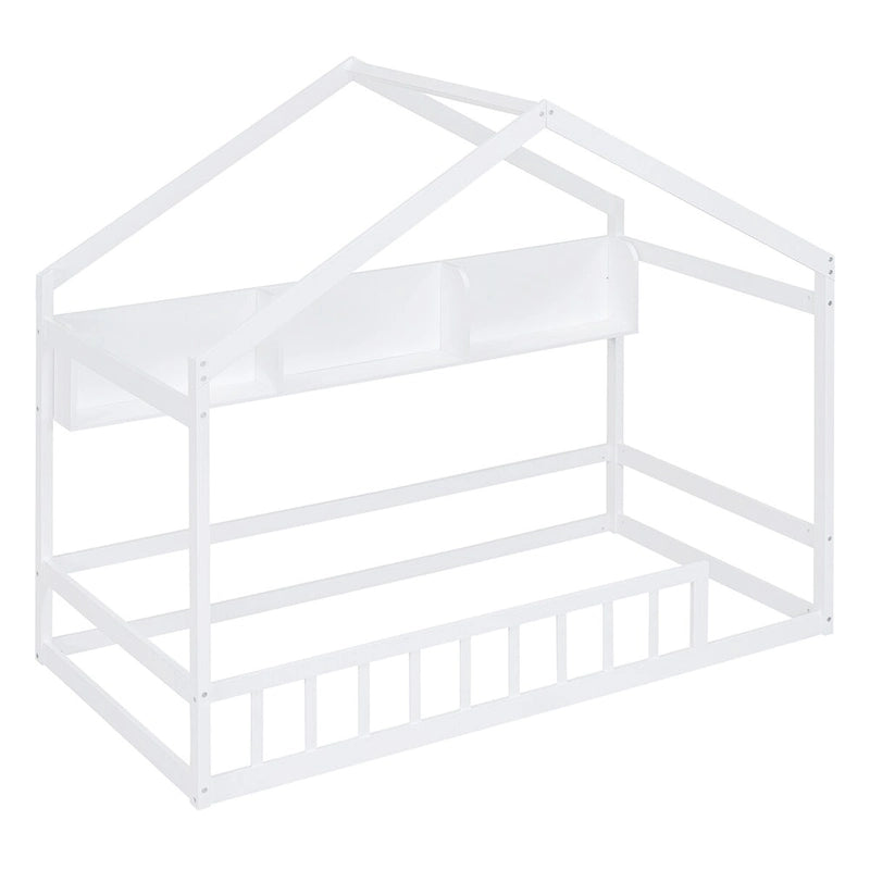 Lit cabane double blanc/gris avec toit, barrière et étagère de rangement – 1 enfant