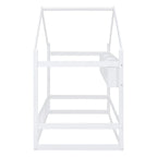 Lit cabane double blanc/gris avec toit, barrière et étagère de rangement – 1 enfant