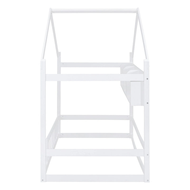 Lit cabane double blanc/gris avec toit, barrière et étagère de rangement – 1 enfant