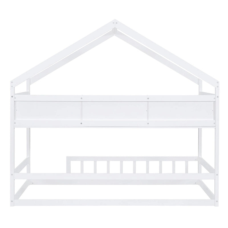 Lit cabane double blanc/gris avec toit, barrière et étagère de rangement – 1 enfant