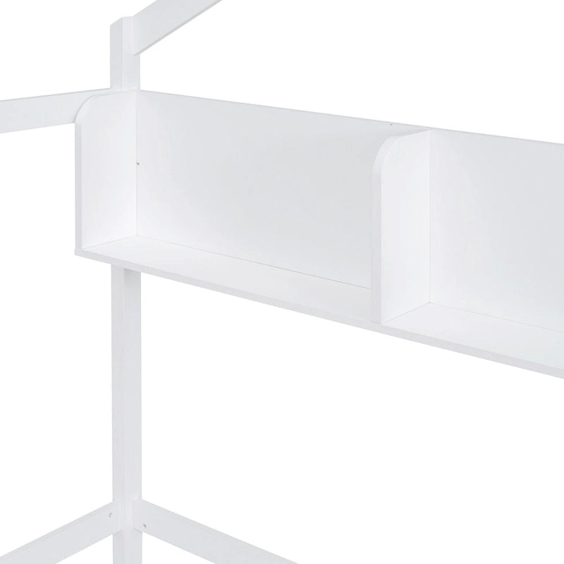 Lit cabane double blanc/gris avec toit, barrière et étagère de rangement – 1 enfant