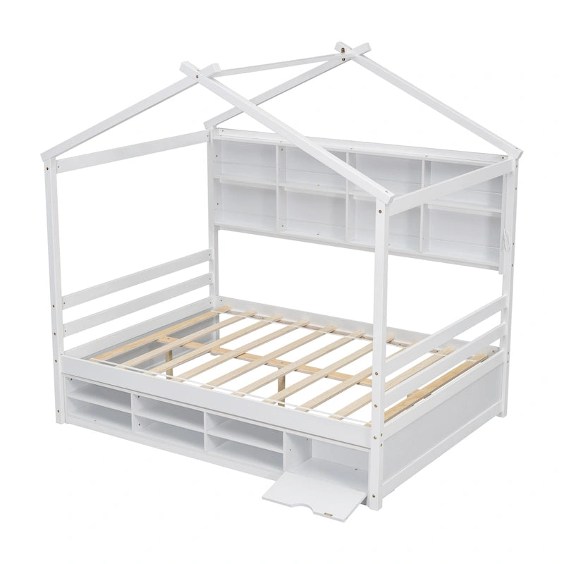 Lit double pour enfants en forme de maison avec rangement sous le lit – Blanc / Naturel / Gris
