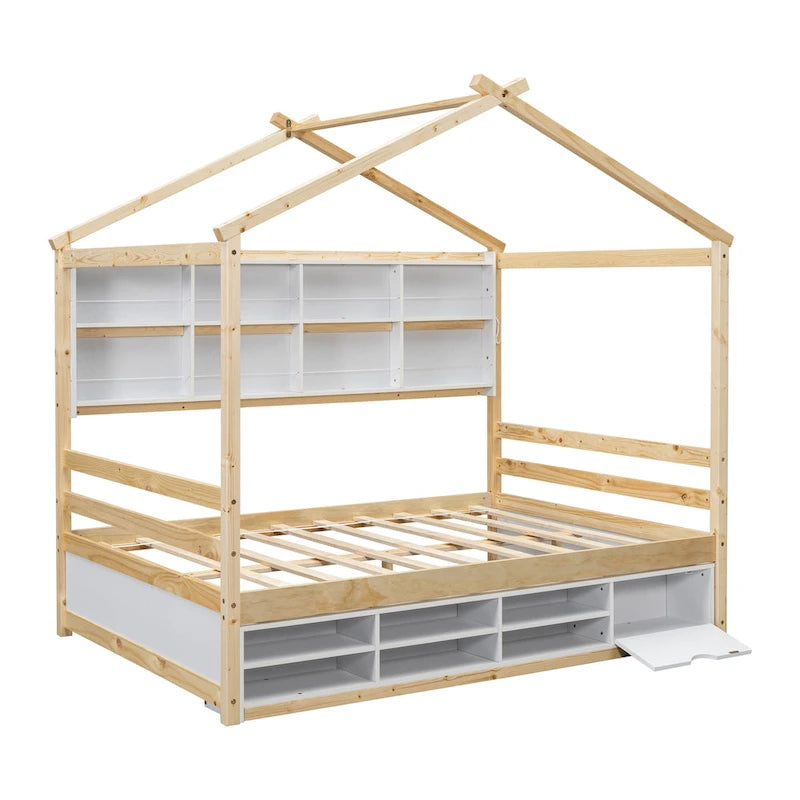 Lit double pour enfants en forme de maison avec rangement sous le lit – Blanc / Naturel / Gris