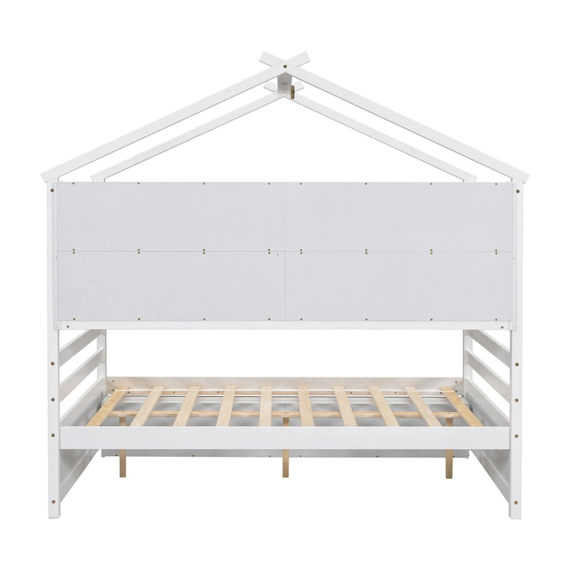 Lit double pour enfants en forme de maison avec rangement sous le lit – Blanc / Naturel / Gris