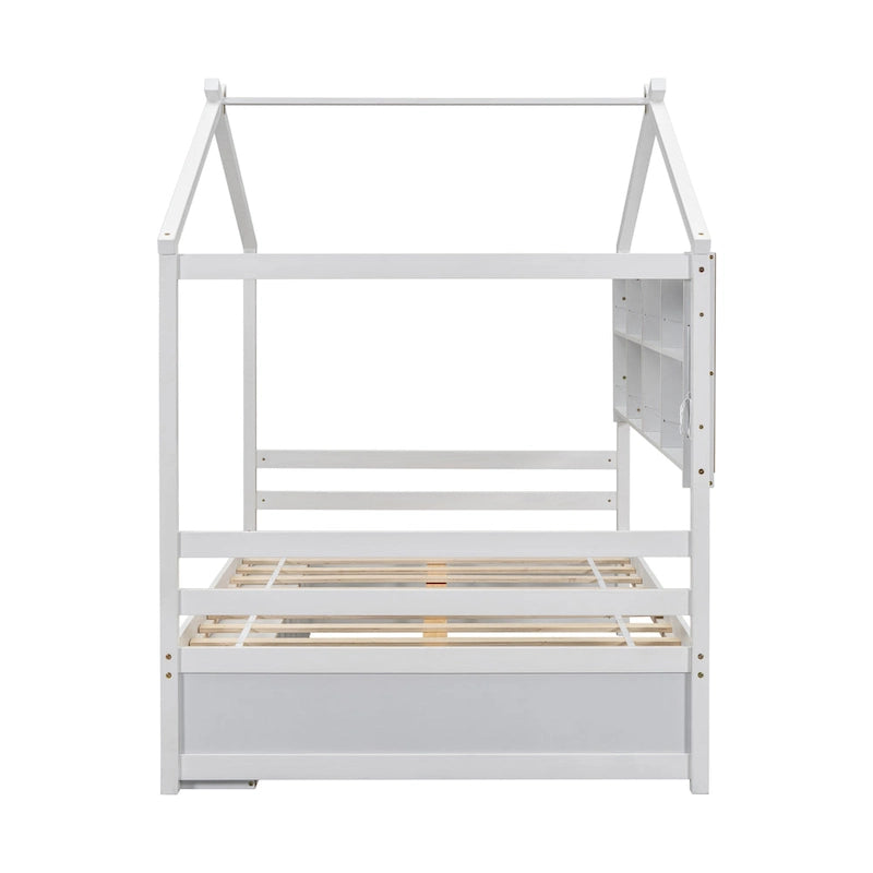 Lit double pour enfants en forme de maison avec rangement sous le lit – Blanc / Naturel / Gris