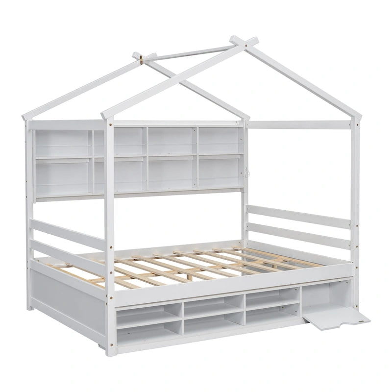 Lit double pour enfants en forme de maison avec rangement sous le lit – Blanc / Naturel / Gris