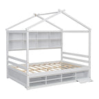 Lit double pour enfants en forme de maison avec rangement sous le lit – Blanc / Naturel / Gris