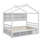Lit double pour enfants en forme de maison avec rangement sous le lit – Blanc / Naturel / Gris