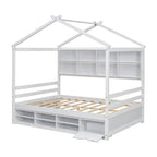 Lit double pour enfants en forme de maison avec rangement sous le lit – Blanc / Naturel / Gris