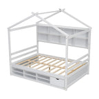 Lit double pour enfants en forme de maison avec rangement sous le lit – Blanc / Naturel / Gris