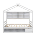 Lit double pour enfants en forme de maison avec rangement sous le lit – Blanc / Naturel / Gris