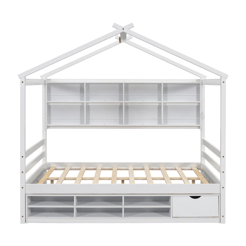 Lit double pour enfants en forme de maison avec rangement sous le lit – Blanc / Naturel / Gris