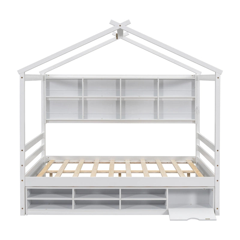 Lit double pour enfants en forme de maison avec rangement sous le lit – Blanc / Naturel / Gris