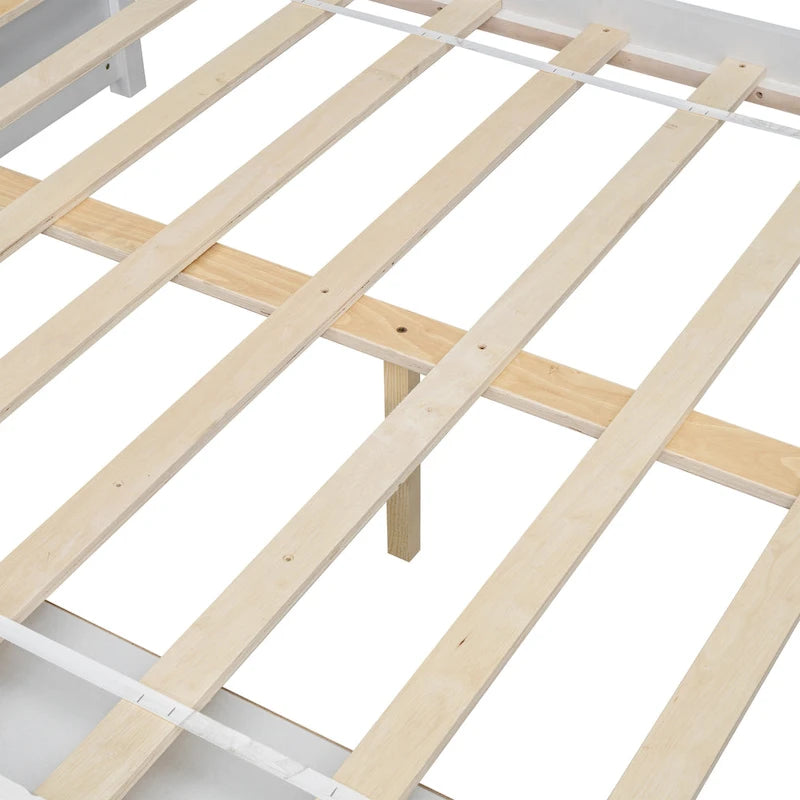 Lit double pour enfants en forme de maison avec rangement sous le lit – Blanc / Naturel / Gris