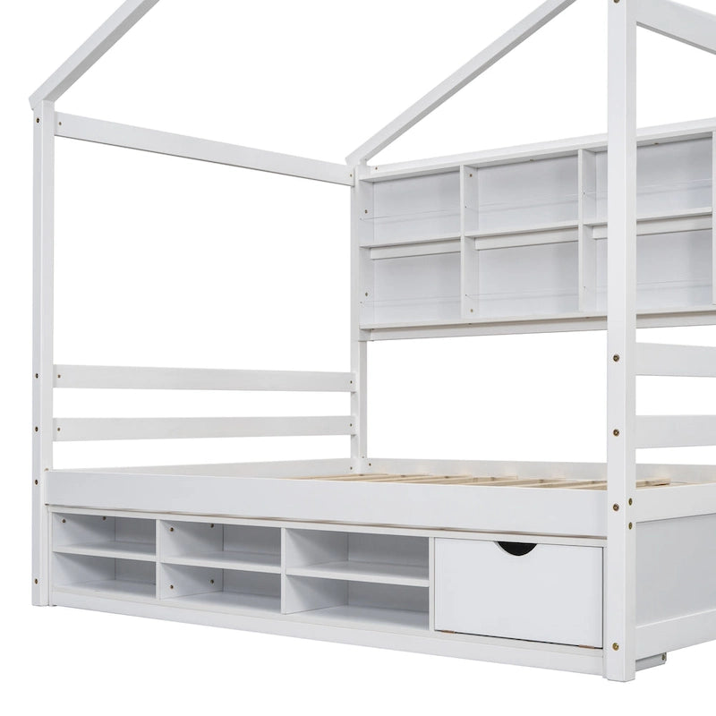 Lit double pour enfants en forme de maison avec rangement sous le lit – Blanc / Naturel / Gris