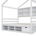 Lit double pour enfants en forme de maison avec rangement sous le lit – Blanc / Naturel / Gris