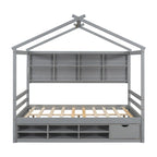 Lit double pour enfants en forme de maison avec rangement sous le lit – Blanc / Naturel / Gris