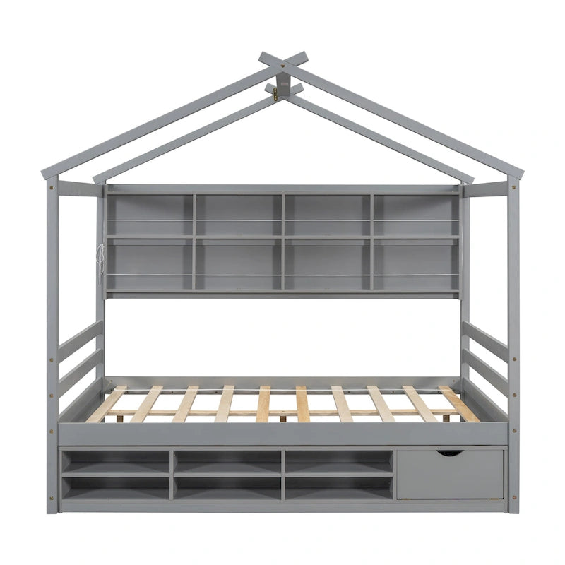 Lit double pour enfants en forme de maison avec rangement sous le lit – Blanc / Naturel / Gris