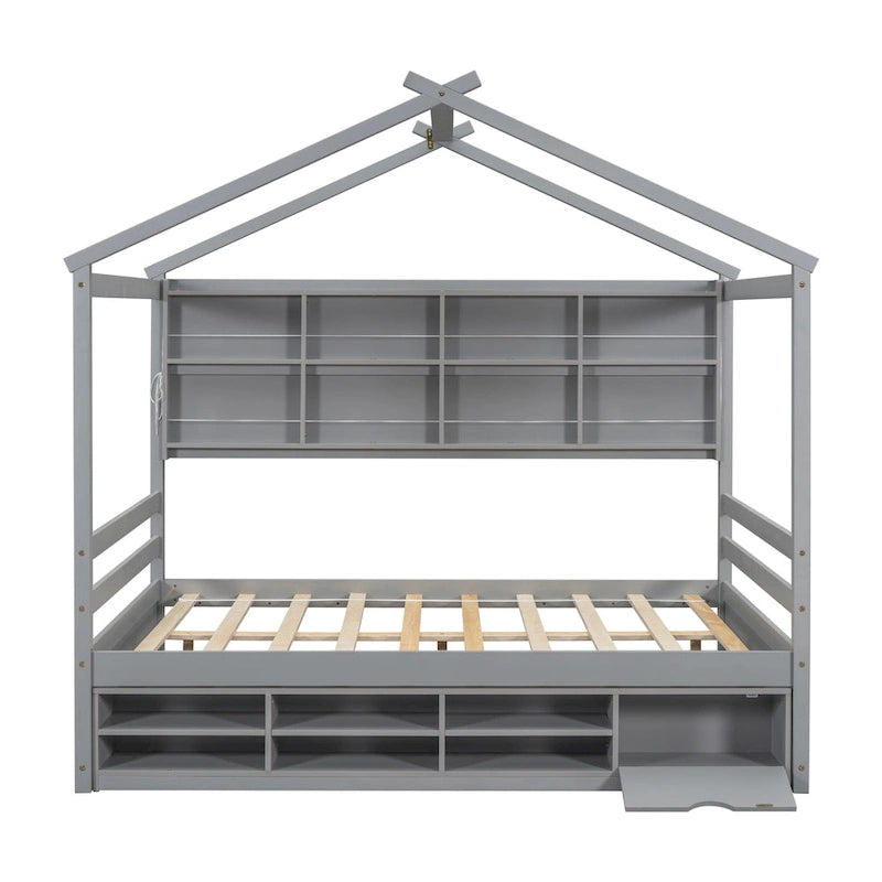 Lit double pour enfants en forme de maison avec rangement sous le lit – Blanc / Naturel / Gris