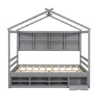 Lit double pour enfants en forme de maison avec rangement sous le lit – Blanc / Naturel / Gris