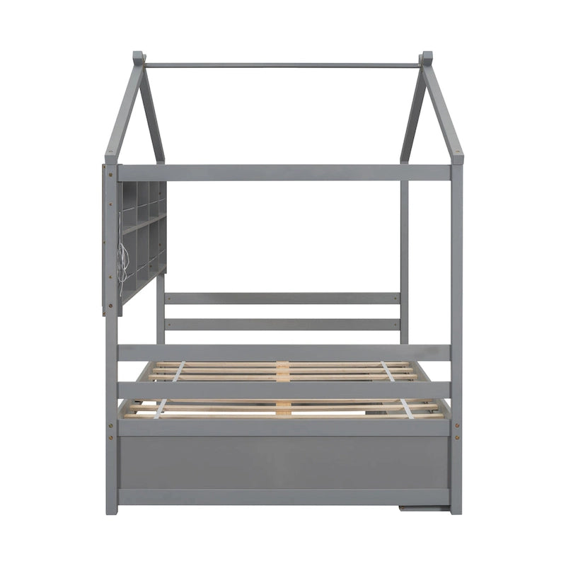 Lit double pour enfants en forme de maison avec rangement sous le lit – Blanc / Naturel / Gris