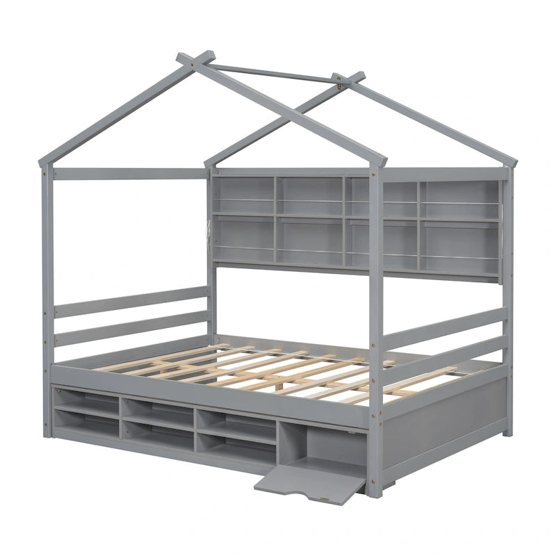 Lit double pour enfants en forme de maison avec rangement sous le lit – Blanc / Naturel / Gris