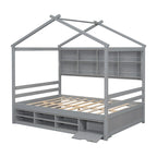 Lit double pour enfants en forme de maison avec rangement sous le lit – Blanc / Naturel / Gris