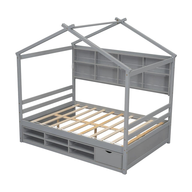 Lit double pour enfants en forme de maison avec rangement sous le lit – Blanc / Naturel / Gris