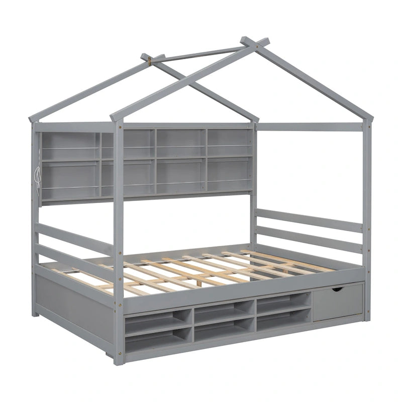 Lit double pour enfants en forme de maison avec rangement sous le lit – Blanc / Naturel / Gris