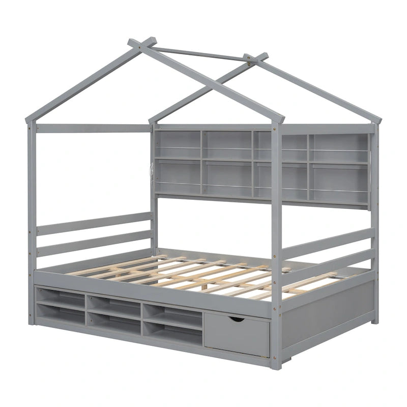 Lit double pour enfants en forme de maison avec rangement sous le lit – Blanc / Naturel / Gris