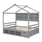 Lit double pour enfants en forme de maison avec rangement sous le lit – Blanc / Naturel / Gris