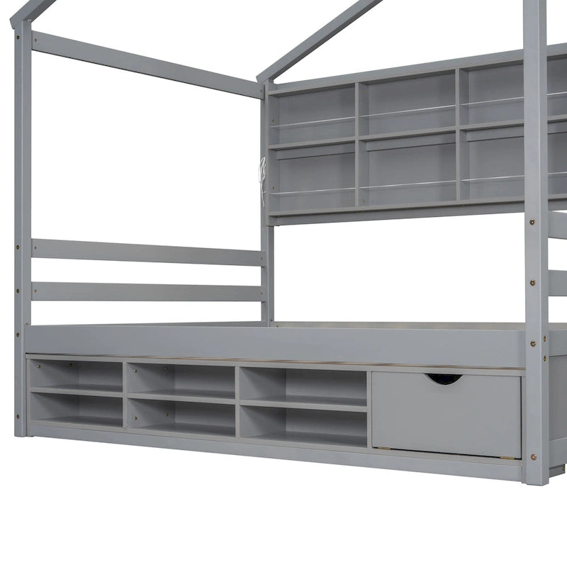 Lit double pour enfants en forme de maison avec rangement sous le lit – Blanc / Naturel / Gris