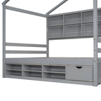 Lit double pour enfants en forme de maison avec rangement sous le lit – Blanc / Naturel / Gris
