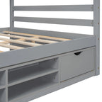 Lit double pour enfants en forme de maison avec rangement sous le lit – Blanc / Naturel / Gris