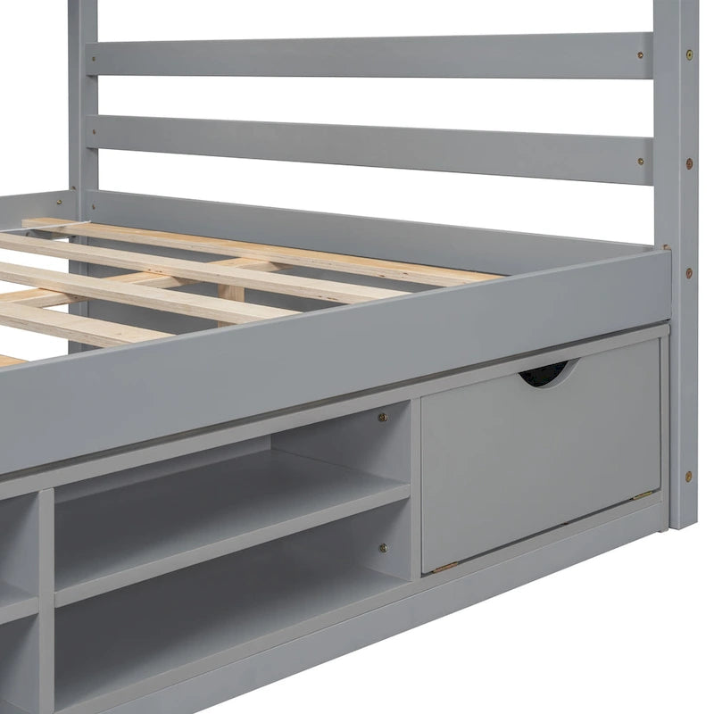 Lit double pour enfants en forme de maison avec rangement sous le lit – Blanc / Naturel / Gris