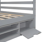 Lit double pour enfants en forme de maison avec rangement sous le lit – Blanc / Naturel / Gris