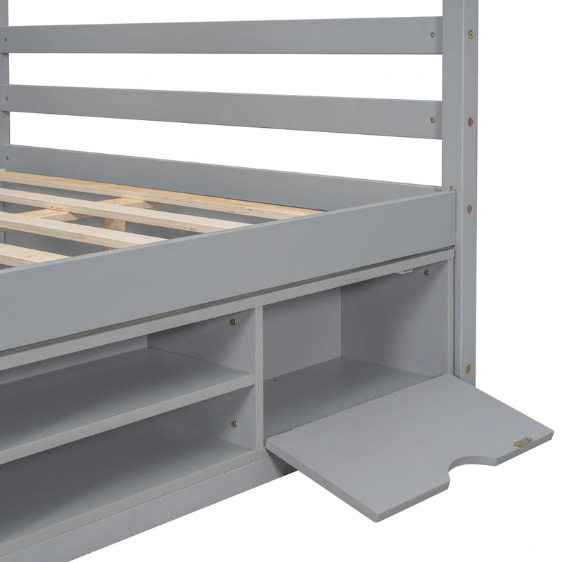 Lit double pour enfants en forme de maison avec rangement sous le lit – Blanc / Naturel / Gris