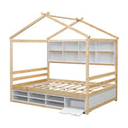 Lit double pour enfants en forme de maison avec rangement sous le lit – Blanc / Naturel / Gris