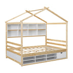 Lit double pour enfants en forme de maison avec rangement sous le lit – Blanc / Naturel / Gris